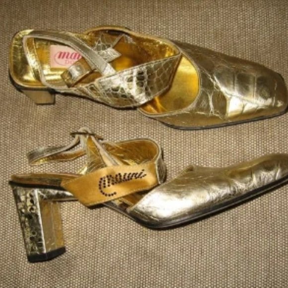❤️Amazing WOMENS MAURI GOLD METALLIC CROCODILE ALLIGATOR BLOCK HEEL SHOES 7.5